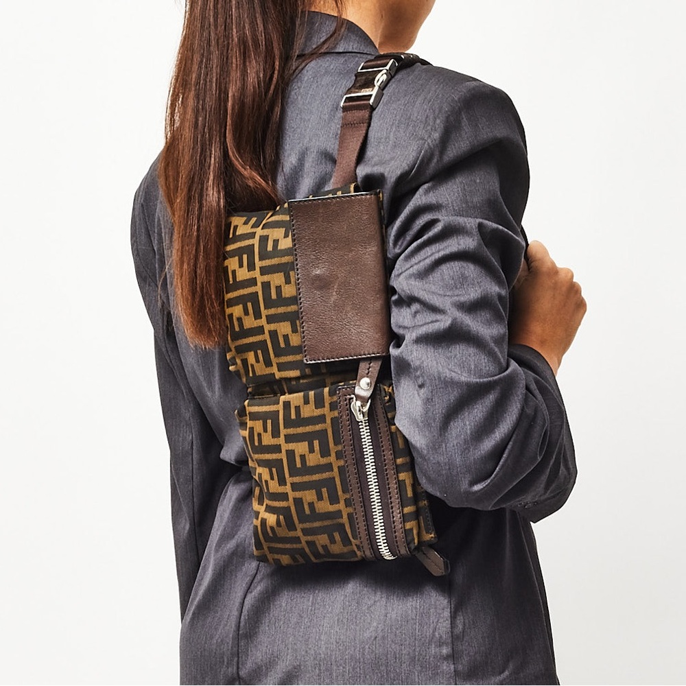 FENDI Brown Tobacco FF Zucca Print Canvas Double Pocket Belt Bag - Picture 2 of 4